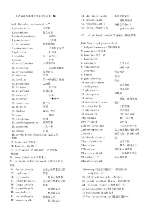 八年级上册英语短语表有哪些核心短语?