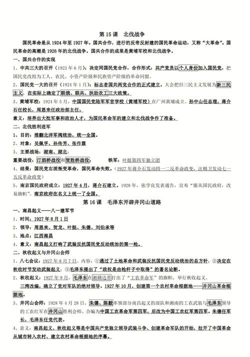 八年级历史上册核心知识点有哪些?